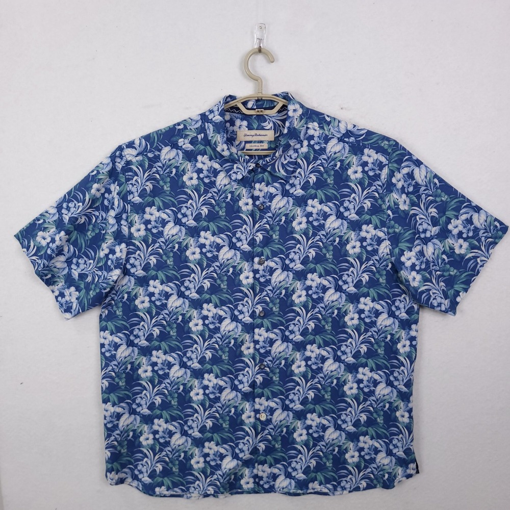 Tommy‎ Bahama Button Down Shirt Mens XL Blue Silk Floral Tropical Original Fit